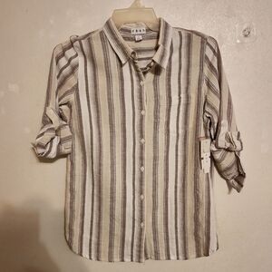 da-sh Striped 3/4 Sleeve Roll Tab Button Front Woven Shirt Cotton Size M NWT